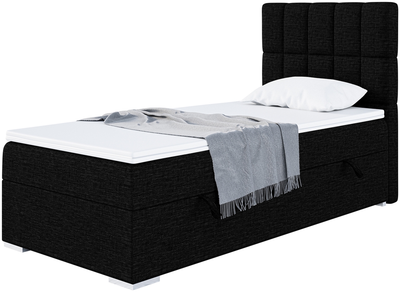 MEBLINI Boxspringbett LUKAS 80x200 cm mit Bettkasten - H3/Schwarz Webstoff Gepolstert Einzelbett mit Topper & Bonellfederkern-Matratze - 80x200 Rechts Bild 1