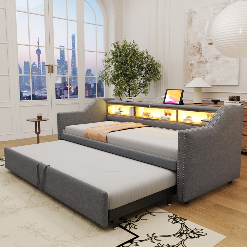 Merax Polsterbett Ausziehbares Schlafsofa 90/180 x 190 cm, Multifunktionales Staufach, LED-Licht und USB-Buchse, mit Lattenrost, Dunkelgrau Bild 1