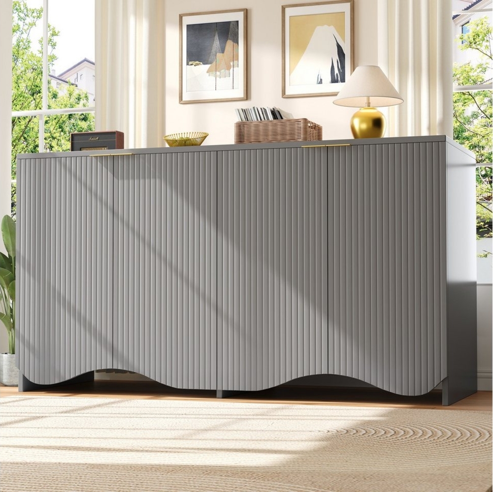 HAUSS SPOLE Sideboard 140×40×85cm mit 4 Türen Wellenmuster-Design, für Wohnzimmer Grau (Modisches Sideboard mit Wellenmuster-Design, verstellbaren Regalen, Anti-Kipp-Mechanismus und robusten MDF-Materialien – Perfekte Aufbewahrung für Wohnzimmer, Esszi... Bild 1