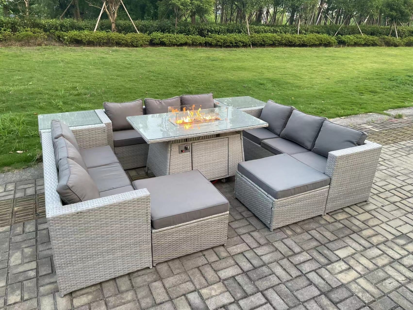 Fimous 'Rattan Deluxe' Gartenmöbel-Set für 11 Personen, Polyrattan hellgrau, mit Gas-Feuertisch Bild 1