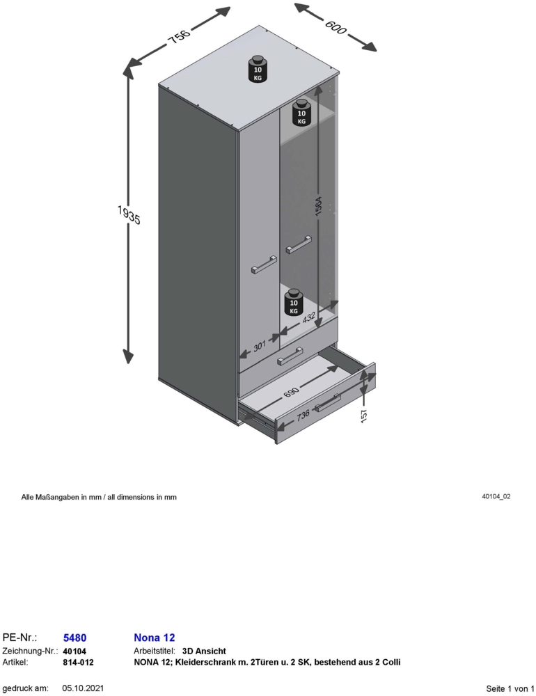 FMD Möbel - NONA 12 - Kleiderschrank m. 2Türen u. 2 SK - melaminharzbeschichtete Spanplatte - Sandeiche Nb/weiß/Lava/Denim - 75,6 x 193,7 x 60cm Bild 1