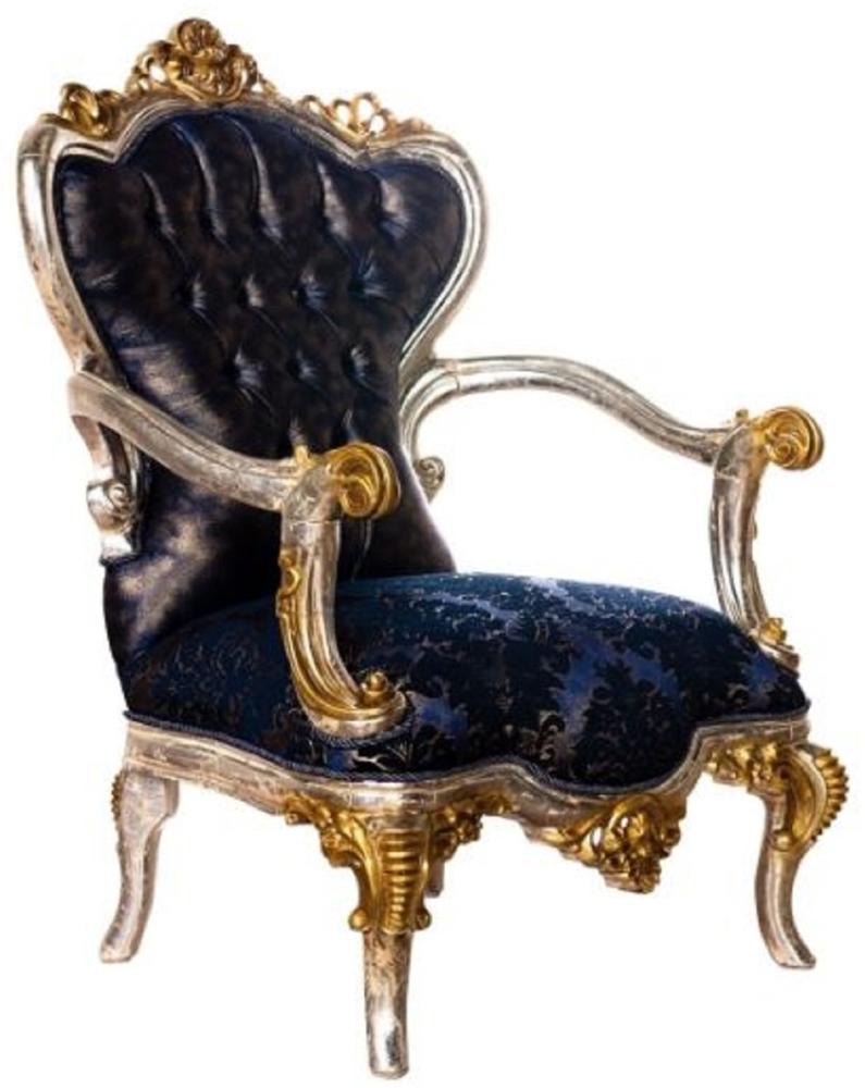 Casa Padrino Luxus Barock Wohnzimmer Sessel Royalblau / Schwarz / Silber / Gold - Prunkvoller Sessel mit elegantem Muster - Handgefertigte Barock Wohnzimmer Möbel Bild 1