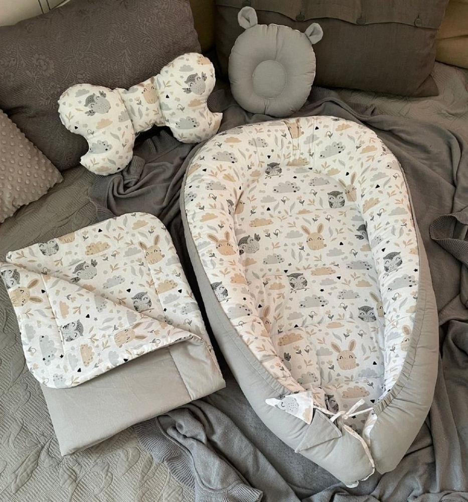 Loolay Bettnestchen Babynest SET HASE Beige-Weiß/ Baumwolle Grau Hangenähnt, (4 Jahreszeiten Kuschelnest Reisebett BABYNEST SET, Premium Babyausstattung: Nestchen, 80x100 Babydecke, Kissen), LOOLAY® - 100% Europäische Stoffe und Kleinserien-Nähen! Bild 1