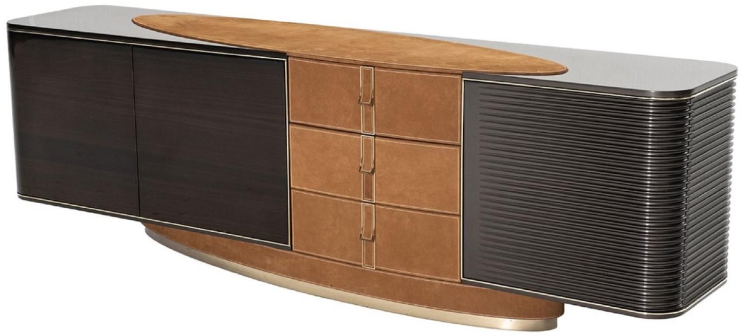 Casa Padrino Luxus Sideboard Hellbraun / Dunkelbraun / Grau / Gold 249 x 52,5 x H. 76 cm - Massivholz Schrank mit 3 Türen und 3 Schubladen - Luxus Möbel - Hotel Möbel - Luxus Einrichtung Bild 1