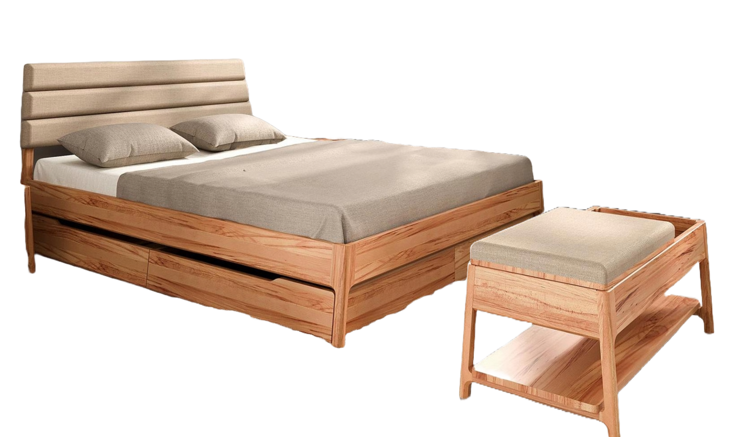 Bett Swig 2 Sonderlänge 120x220 Kernbuche massiv Polsterkopfteil Beige Holzbeine Bild 1