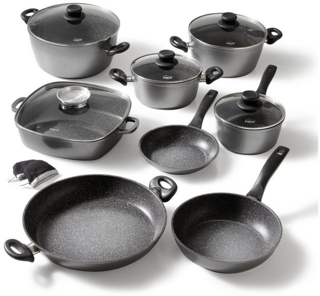 STONELINE Kochbesteck-Set (Kochgeschirr-Set, 13-tlg, Kochgeschirr-Set, 3x Kochtopf, 1x Stielkasserolle, 2x Pfanne), mit echten Steinpartikeln, induktionsgeeignet, Designed in Germany Bild 1