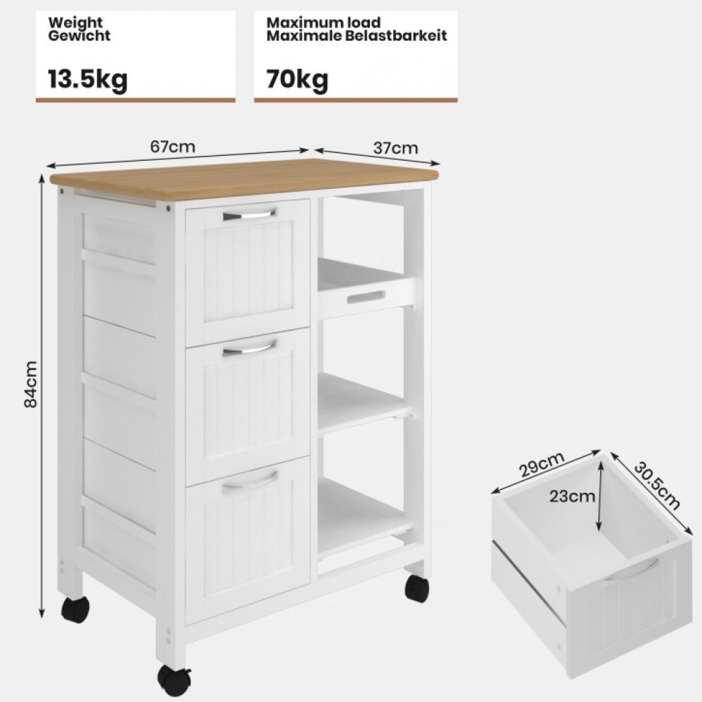 anaterra® Küchenwagen - mit Rollen, 67x37x84 cm, 3 Ebenen, 3 Schubladen, Arbeitsplatte, Ablage, Holz, Landhausstil, Weiß - Servierwagen, Rollwagen Küche, Kücheninsel, Küchenregal, Küchenschrank Bild 1