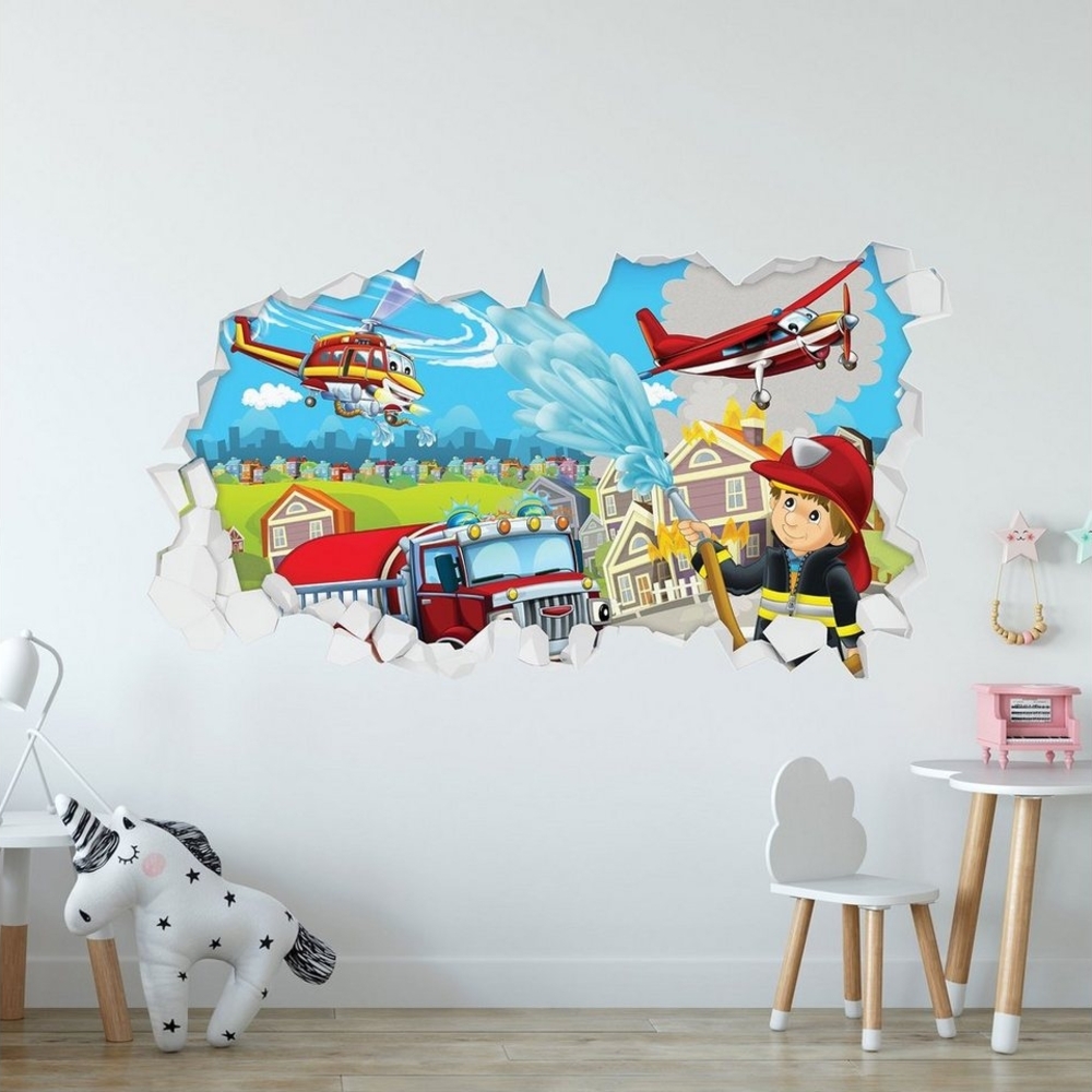 GRAVURZEILE Wandtattoo im Feuerwehr Design - Kinderzimmer -Wandsticker Wandaufkleber - (3D Wanddurchbruch & Deko, - Größe 115 x 70 cm), - V3 Bild 1