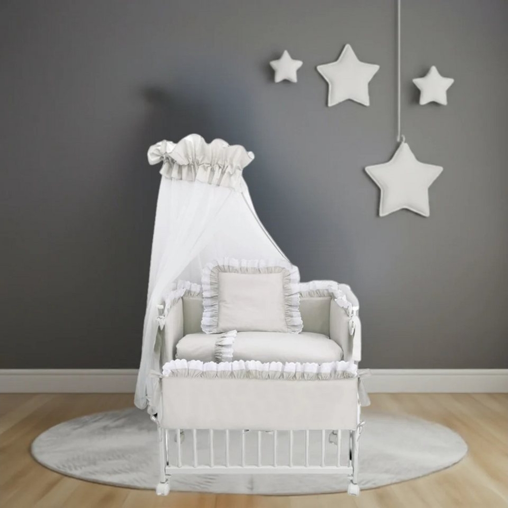 Babyhafen Beistellbett 3in1 Babybett Komplettbett Royal Grau, Spitze-Weiß Stubenbett, Massivholz, höhenverstellbar, 10 tlg. Bild 1