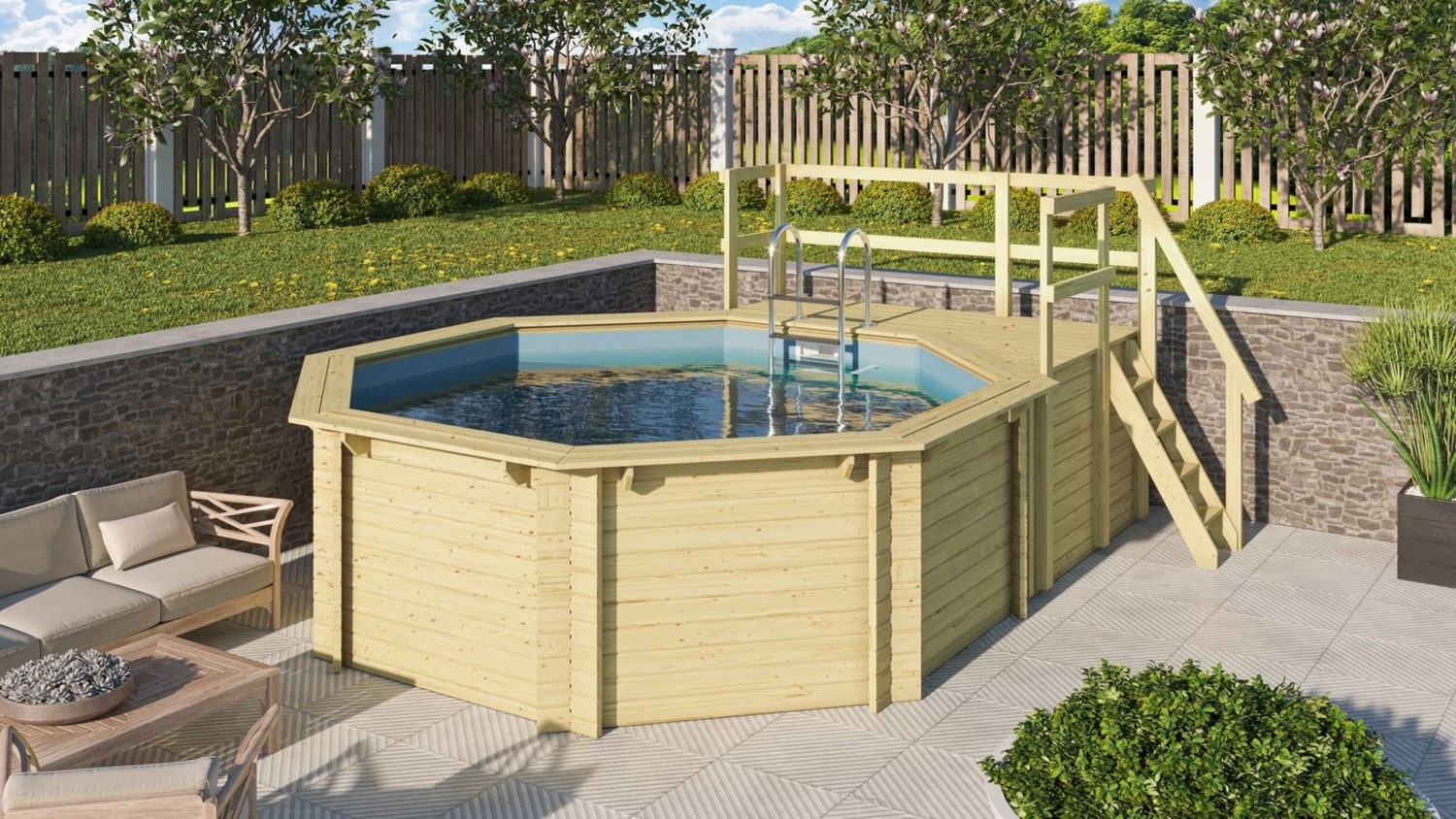 Karibu Pool Modell 1B Classic 400x480 cm, Holz kdi mit blauer Poolfolie Bild 1