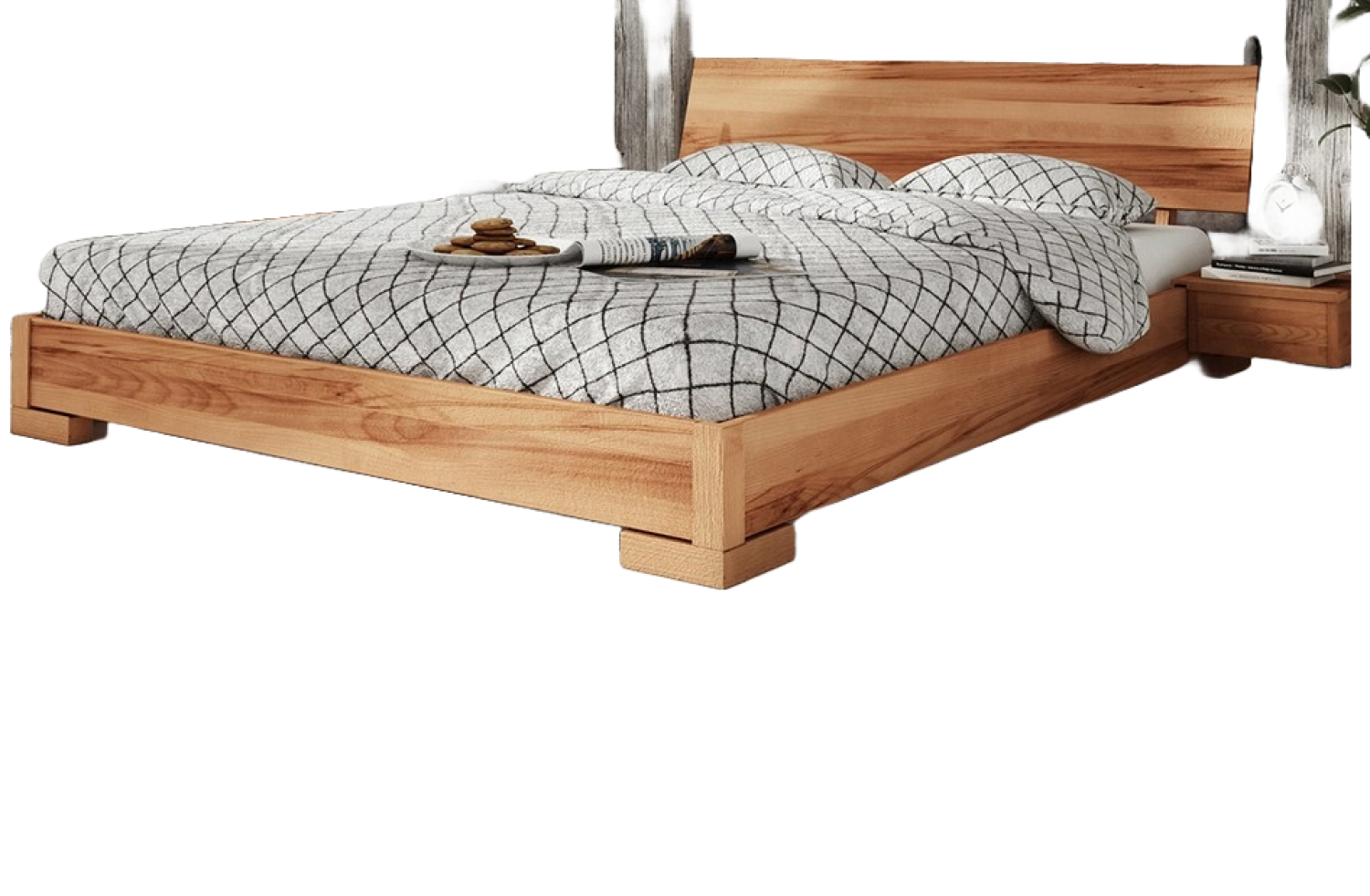 Bett Bento 3 aus Kernbuche massiv 200x200 cm mit Holzkopfteil und Holzbeinen Bild 1