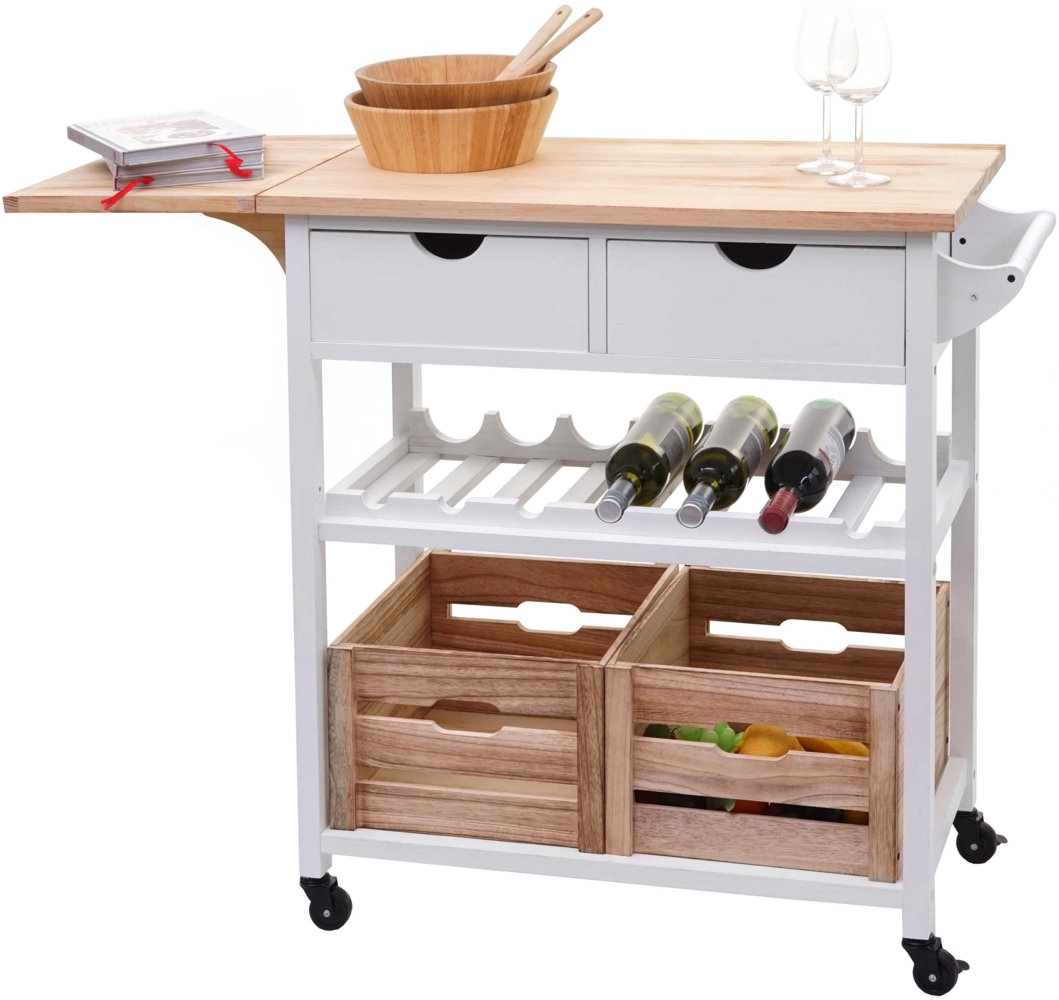 Servierwagen HWC-G35, Küchenwagen Rollwagen Küchenhelfer Beistellwagen Teewagen, Kiefernholz 89x119x41cm ~ natur-weiß Bild 1