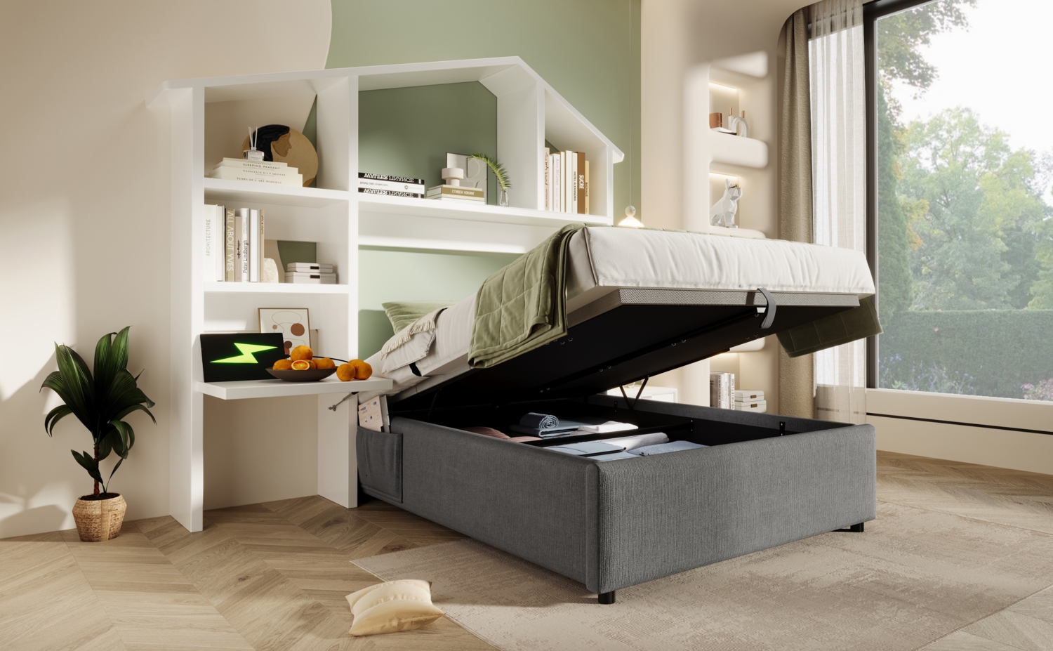 Kinder-Polsterbett mit Bücherregal, USB-C & Stauraum, grau/weiß, 90x190 cm Bild 1