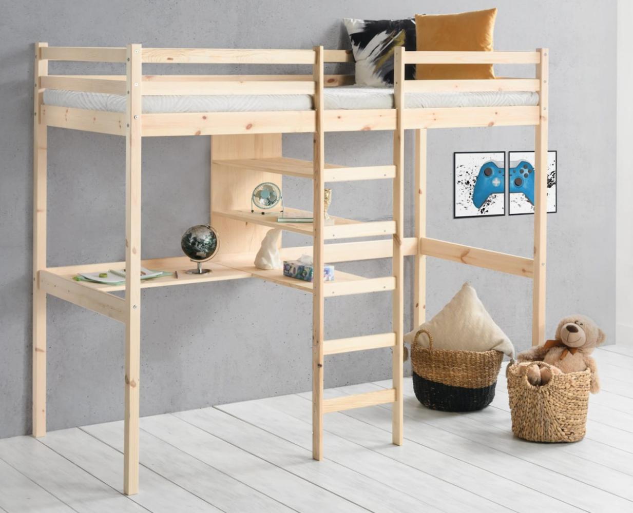 Kinderbett Hochbett mit Tisch Leiter Hochbett Spielbett Massiv Kiefer Natur, 90x200 cm Bild 1