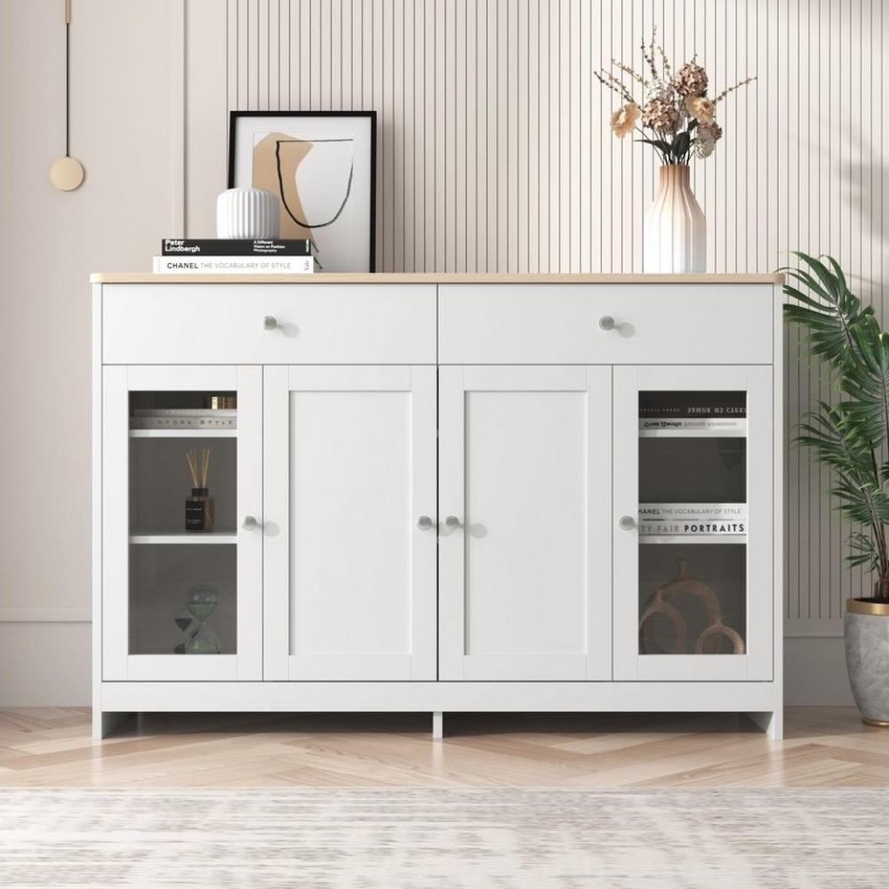 Merax Sideboard mit gehärteten Glastüren und Schubladen, Küchenschrank, Kommode im Landhausstil,Aufbewahrungsschrank,Breite 120cm Bild 1