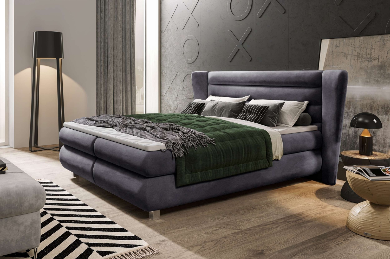 99rooms Tyson Boxspringbett 140x200 cm Velours KRONOS Grau Taschen-Federung Bild 1