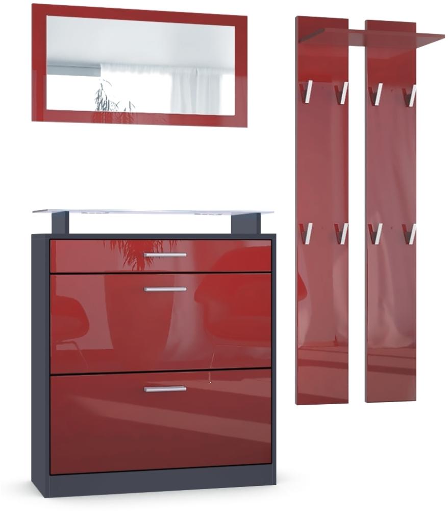 Vladon Garderoben-Set Loret Mini, Schuhschrank 89 x 104 x 23 cm für bis zu 16 Paar Schuhe inkl. Spiegel, 2 Wandpaneele und LED-Beleuchtung in Weiß, Anthrazit matt & Bordeaux Hochglanz Bild 1