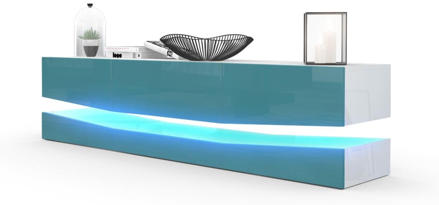 Vladon Lowboard City, TV-Kommode mit Sockelelement, 1 offenem Fach und 3 Schubkästen, Weiß Hochglanz/Petrol Hochglanz, inkl. LED-Beleuchtung (178 x variabel x 39 cm) Bild 1