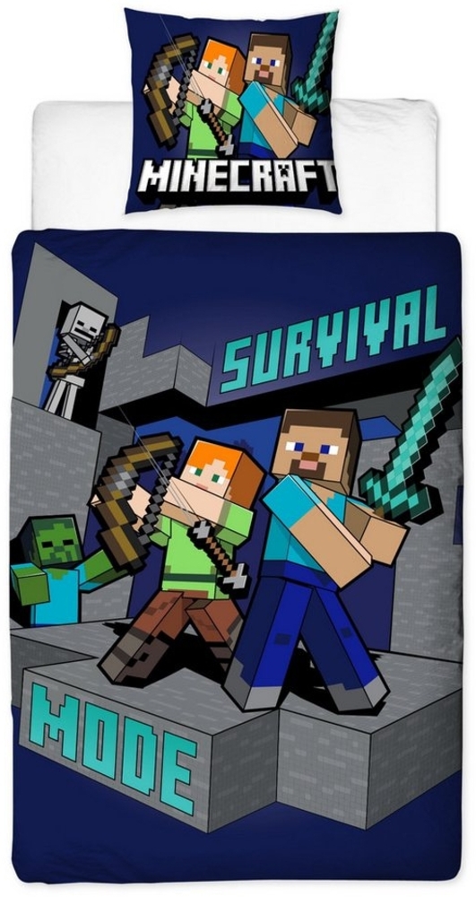 MTOnlinehandel Kinderbettwäsche Minecraft 135x200 + 80x80 cm, Geschenk für Gamer, Microfaser, 2 teilig, Wendebettwäsche für Mädchen und Jungen, Gaming Bild 1