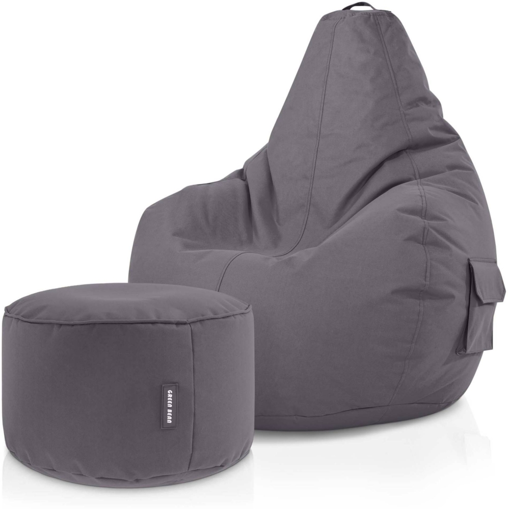 Green Bean® Sitzsack + Hocker, 2er Set, robust, waschbar, schmutzabweisend, Anthrazit, 90 x 80 x 70 cm Bild 1