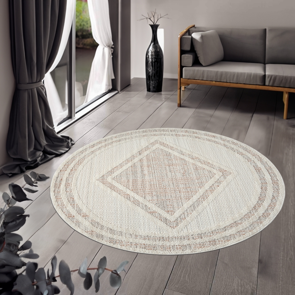 Teppich Rund - 200x200cm - Terra - Boho Style - Modern Raute Optik - Flachflor Wohnteppich Schlafzimmer Deko Bild 1