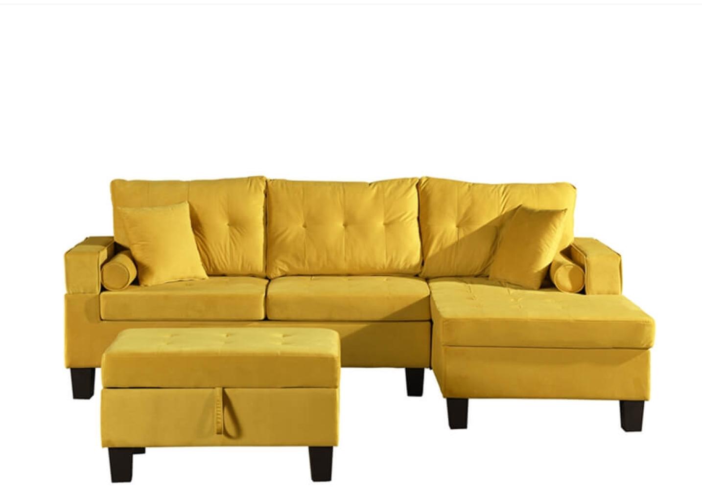 HOME DELUXE 'Rom' Ecksofa mit Hocker, Samt Gelb, Ausrichtung Links Bild 1