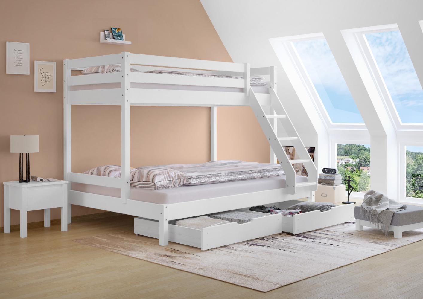 Doppel-Etagenbett 140x200 und 90x200 Erwachsenen-Stockbett Kiefer Massivholz weiß V-60.18W-09-14Rollrost und Doppelbettkasten inkl. Bild 1