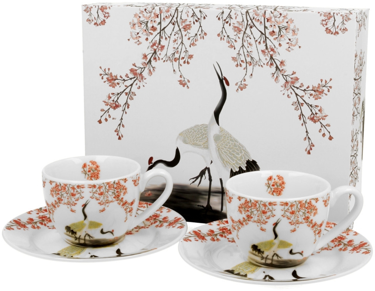 DUO ART GALLERY 2er-Set Espressotassen 90 ml SAKURA & CRANES mit Untertassen, New Bone China Porzellan Bild 1