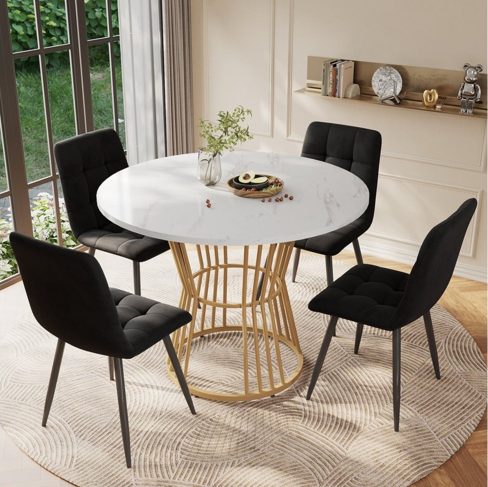 OKWISH Essgruppe 1 Esstisch und 4 Stühle, (Küchentisch-Set, 5-tlg, 1 Tisch mit 4 Stühlen), runder Esstisch mit weiße MDF-Tischplatte, goldenen Metallbeinen Bild 1