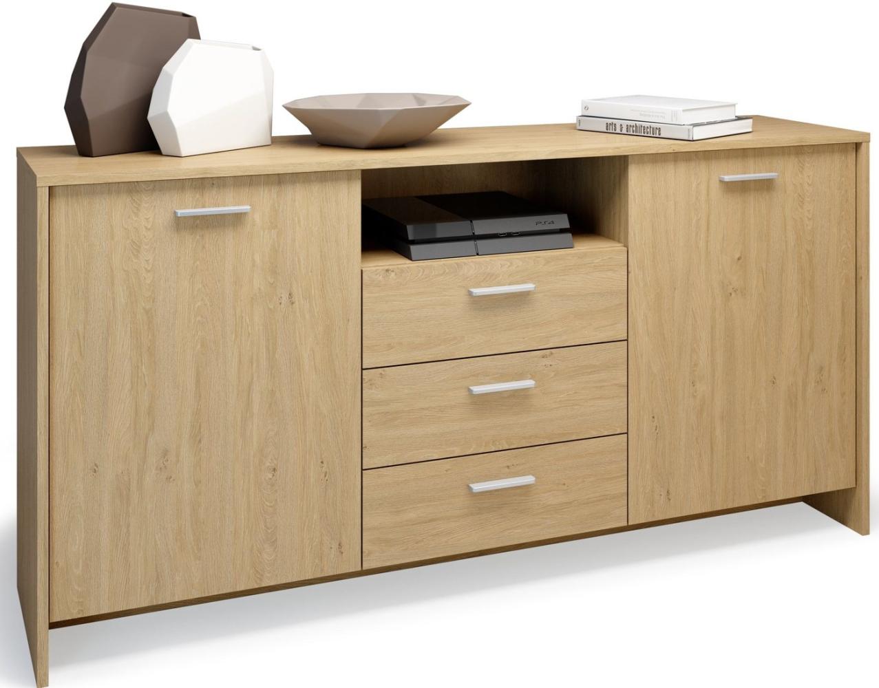 Domando Sideboard Matera, skandinvisch moderne Kommode für Wohnzimmer, Soft-Close Scharniere gebürstete Aluminiumgriffe 150 x 75 x 36 cm Eiche Classic Bild 1