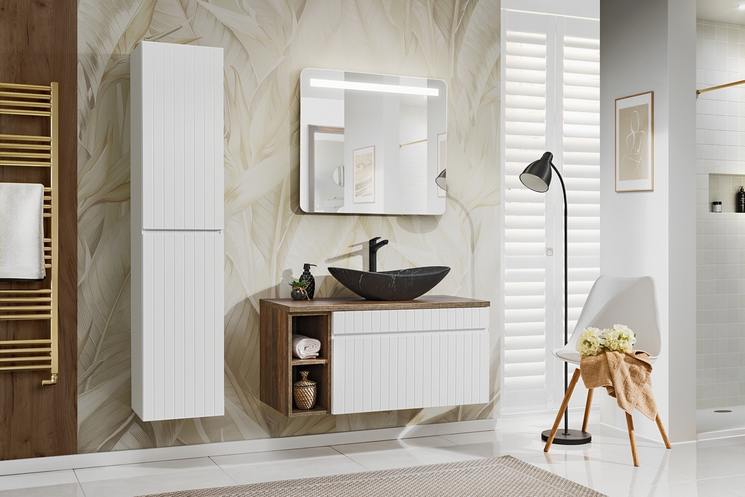 ICONIC WHITE Badmöbel-Set 100 cm mit Waschtischplatte, Aufsatzwaschbecken Lena, Hochschrank und LED-Spiegel (46x100cm), Weiß matt,Eiche Santa Fe Vintage Bild 1