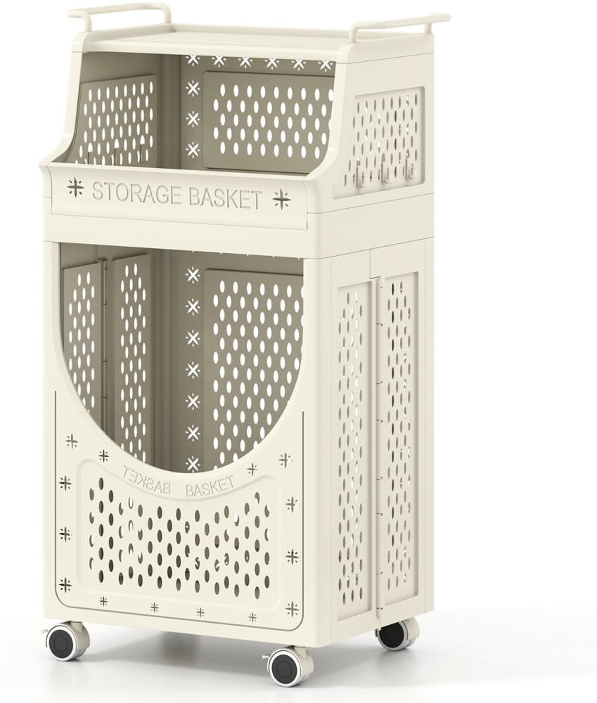 3-stufiger Wäschewagen faltbarer Wäschesack mit feststellbaren Rollen Korb 6 Haken Beige Bild 1