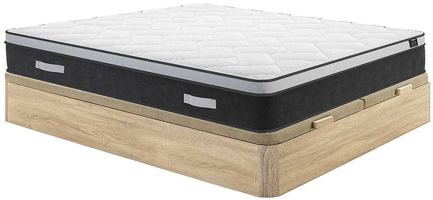 Vente-unique - Set aus Bettgestell mit Bettkasten + Taschenfederkernmatratze mit Memory Schaum - 180 x 200 cm - Hybridmatratze - Stärke 25 cm - Holzfarben hell - ASTRIA Art Collection von YSMÉE Bild 1