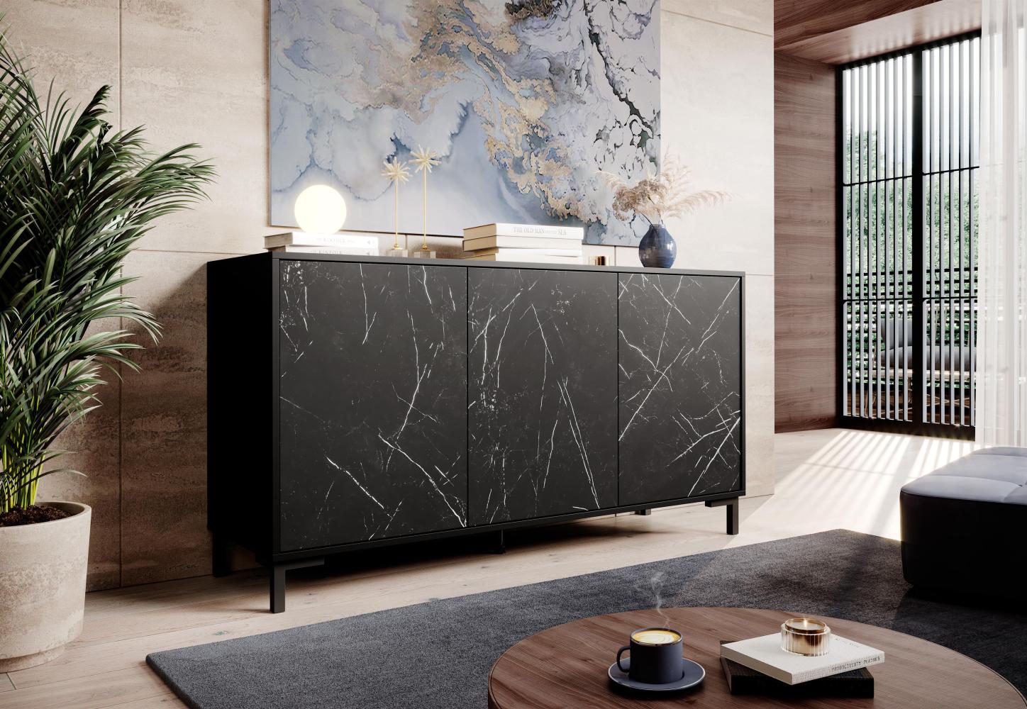 Domando Sideboard Chioggia M1 Modern Breite 150cm, Front in Marmornachbildung, Push-to-open-Funktion in Schwarz Matt und Marmor Schwarz Bild 1