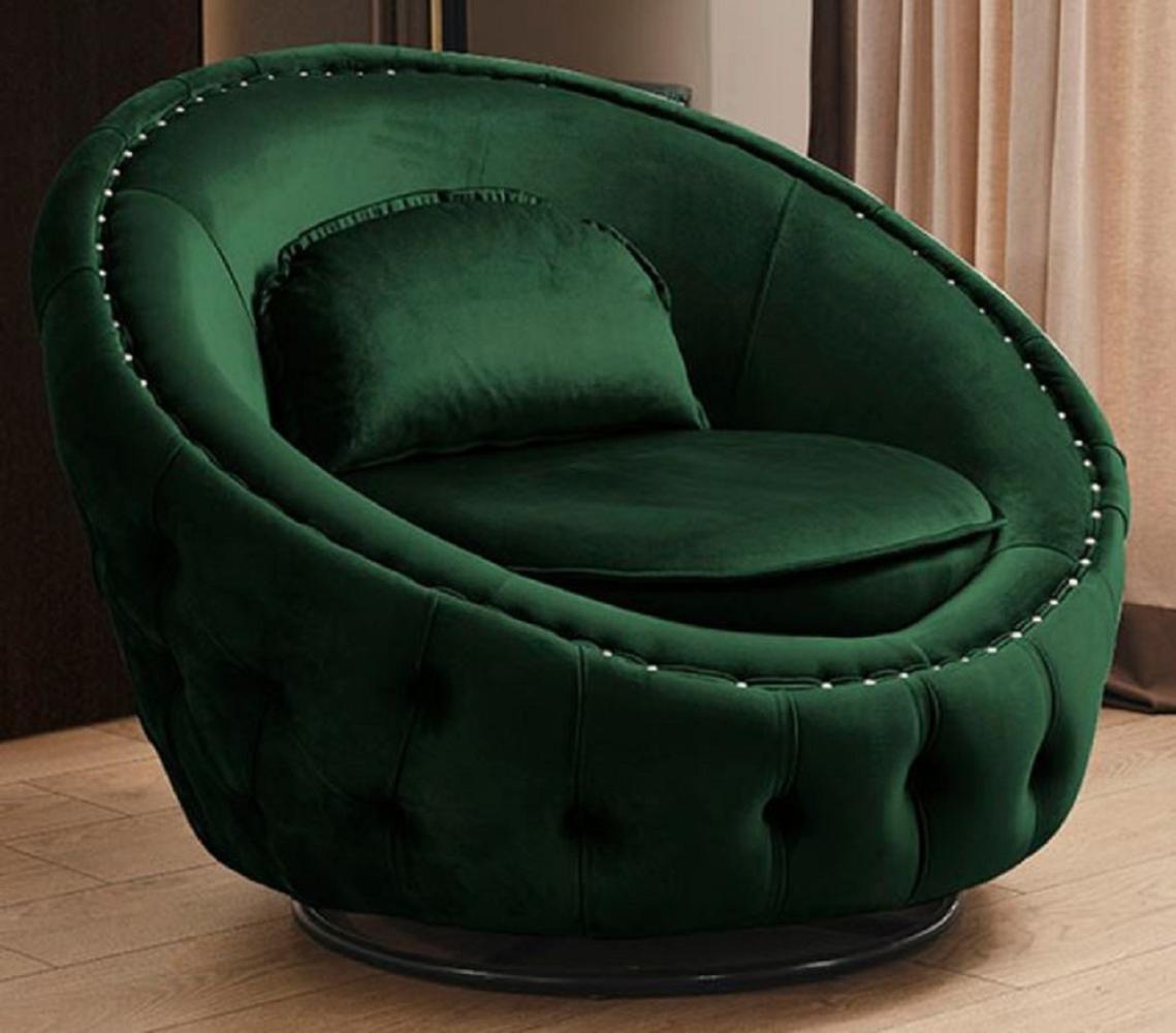 Casa Padrino Luxus Chesterfield Drehsessel Grün Ø 90 cm - Moderner Chesterfield Wohnzimmer Sessel - Luxus Chesterfield Wohnzimmer Möbel Bild 1