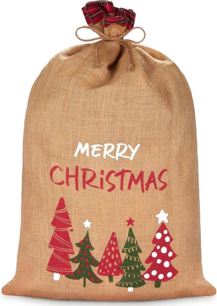 BRUBAKER Aufbewahrungstasche Weihnachtssack Merry Christmas - 80 cm Geschenksack für Weihnachten (1-tlg, Sack mit Kordel zum Verpacken von Geschenken), Nikolaussack aus Jute mit Weihnachtsbäumen Bild 1