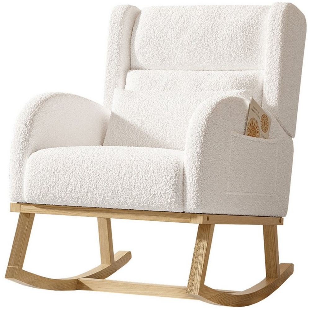 FUROKOY Schaukelstuhl Polster Relaxstuhl Schaukelsessel mit Holzsockel und Rückenlehne, 2 Seitentaschen,1 Lendenkissen,Teddystoff,Weiß - B Bild 1