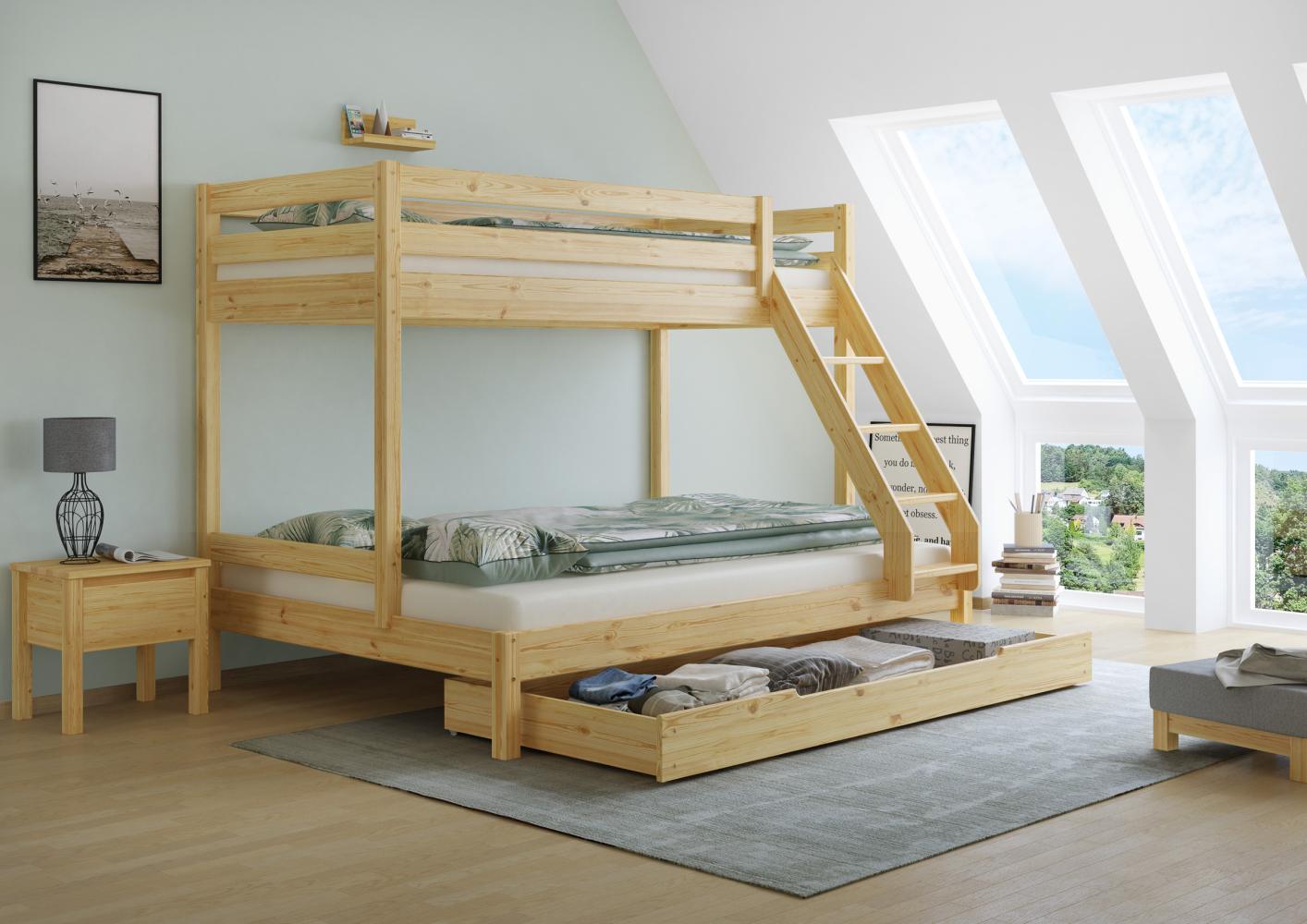 Doppel-Etagenbett 140x200 und 90x200 Erwachsenen-Stockbett Kiefer Massivholz natur V-60.18-09-14Rollrost und Bettkasten inkl. Bild 1