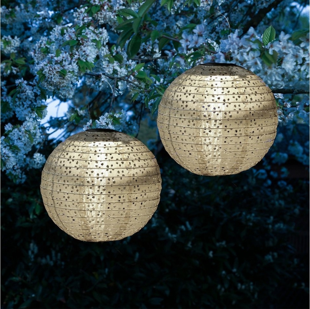 MARELIDA LED Lampion Solar Gartenlampions Blumenmuster beige 25cm Balkon Terrasse 2 Stück, LED Classic, warmweiß (2100K bis 3000K) Bild 1