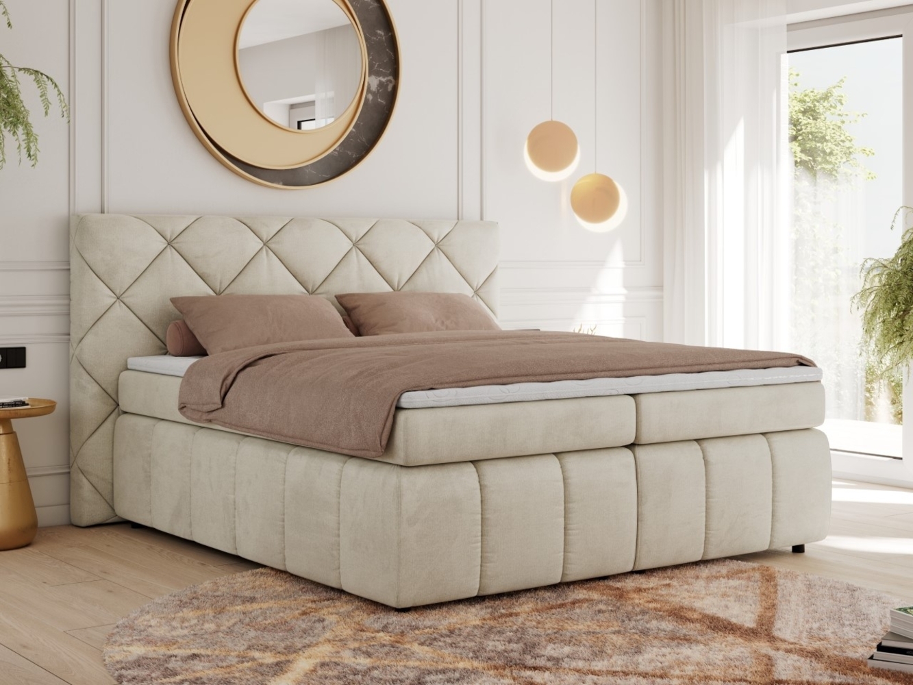 Boxspringbett, Doppelbett, Polsterbett mit Matratzen und Kopfteil - RITA - 140 x 200 cm - Beige Velours - H4 Bild 1