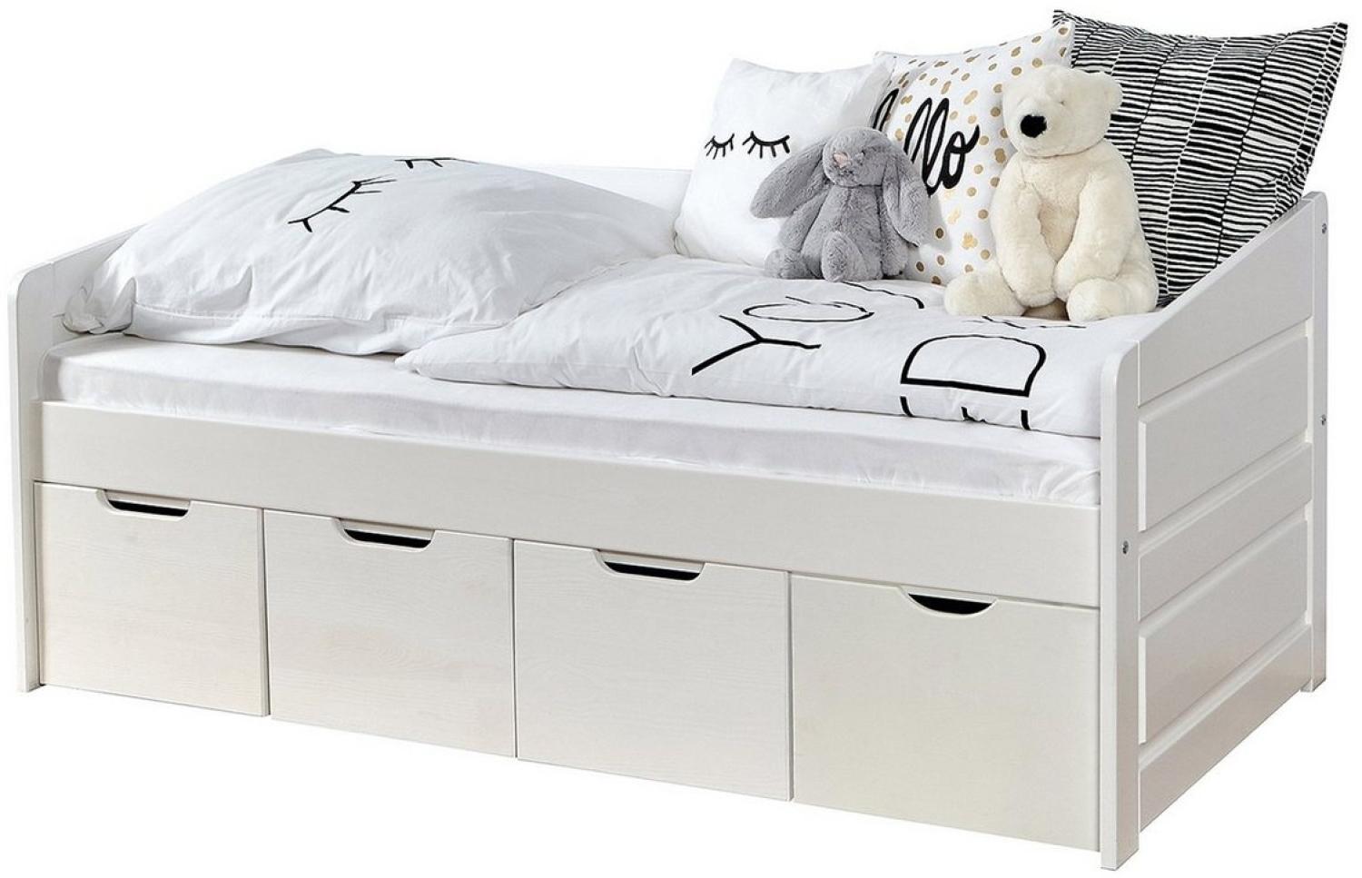 Ticaa Sofabett MINI 'Micki MINI' 80x160 Buche massiv Komplett-Set - mit 4er Schubkästen - inkl. Matratze - weiß Bild 1