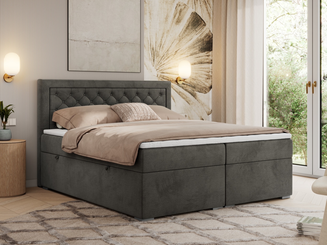 Boxspringbett, Modern Bett mit Multipocket-Matratze und zwei Bettkästen - JASIR - 140 x 200 cm - Dunkelgrau Velvet - H4 Bild 1