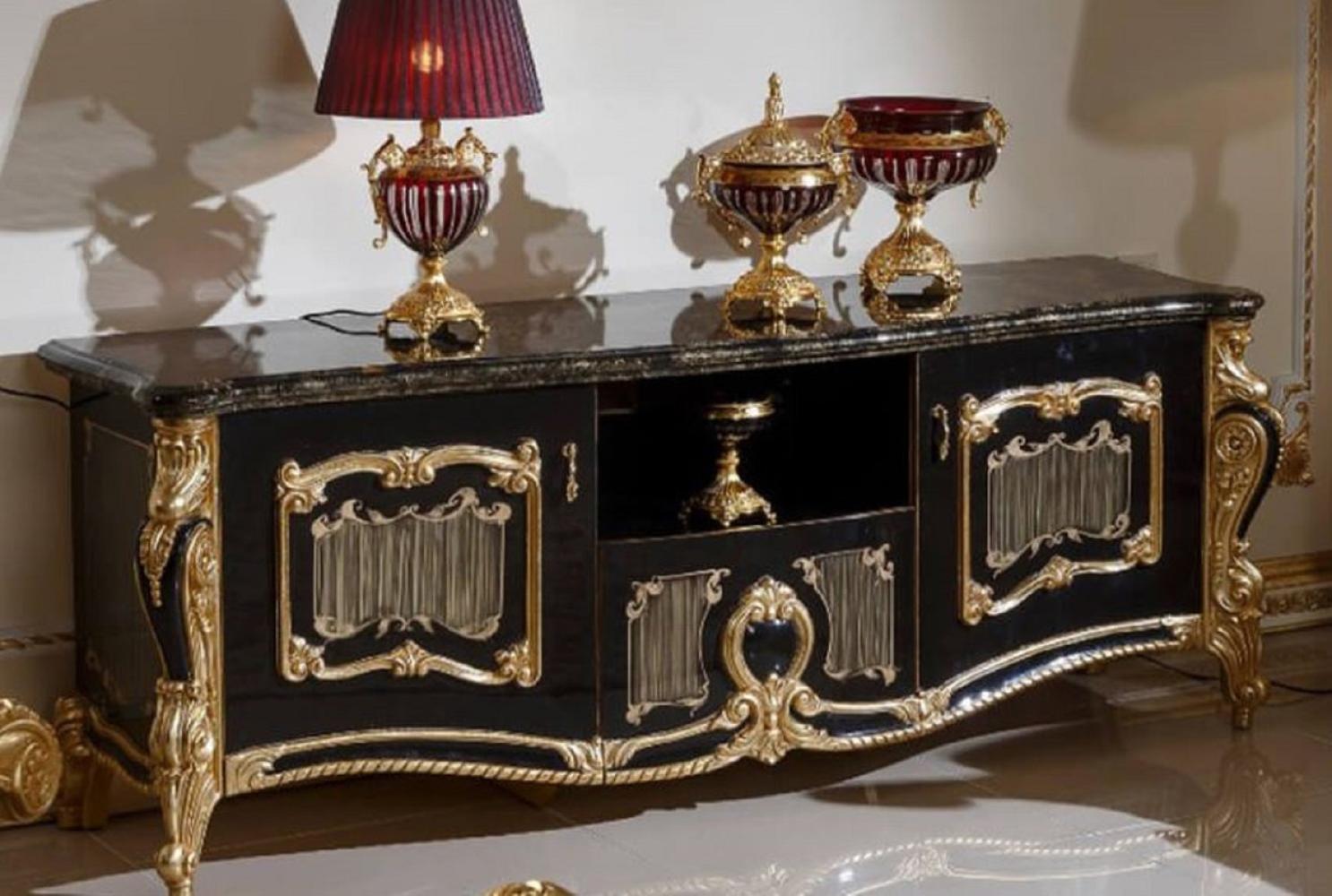 Casa Padrino Luxus Barock TV Schrank Schwarz / Gold - Prunkvolles Massivholz Sideboard mit 2 Türen und Schublade - Barock Möbel - Edel & Prunkvoll Bild 1