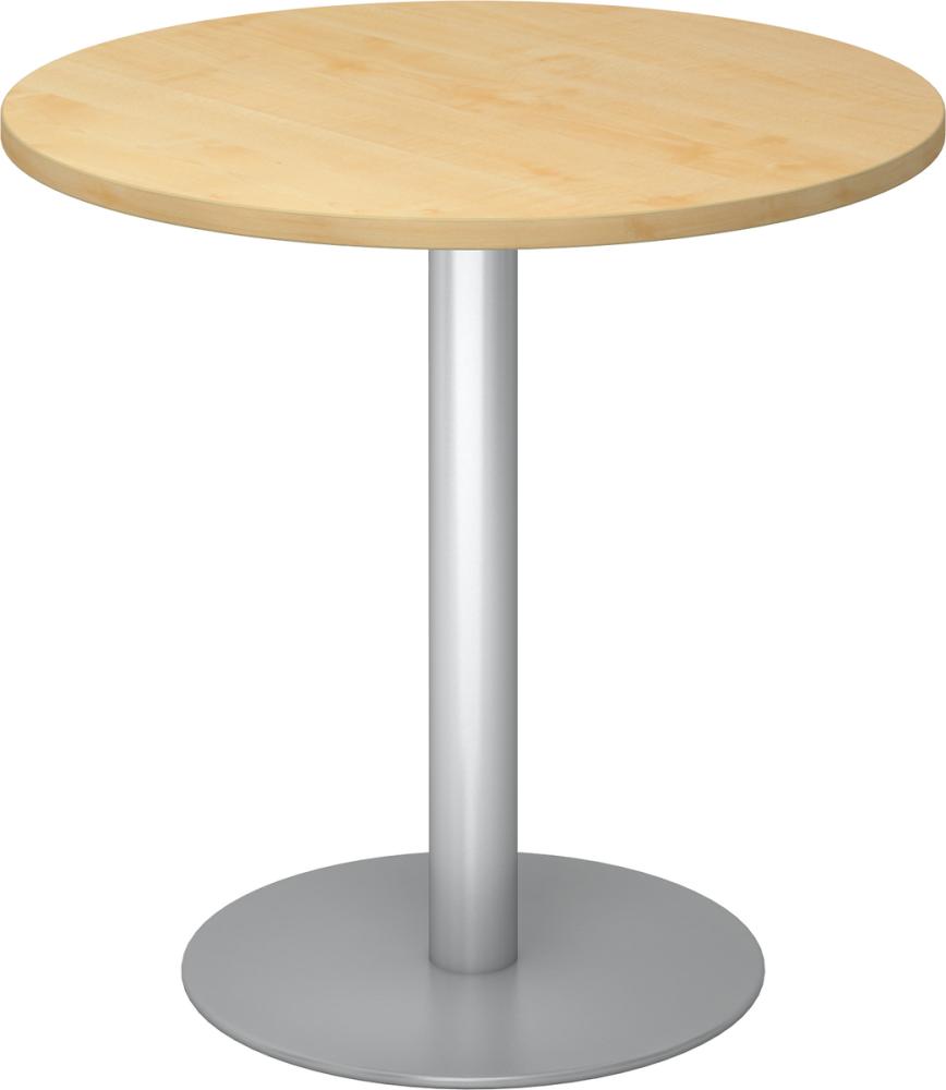 bümö Besprechungstisch, Esstisch klein, Tisch rund 80 cm - kleiner Esstisch Ahorn, Rundtisch Esstisch 2 Personen mit Holz-Platte, Säule aus Metall in silber, Konferenztisch, Bistrotisch, STF08-3-S Bild 1