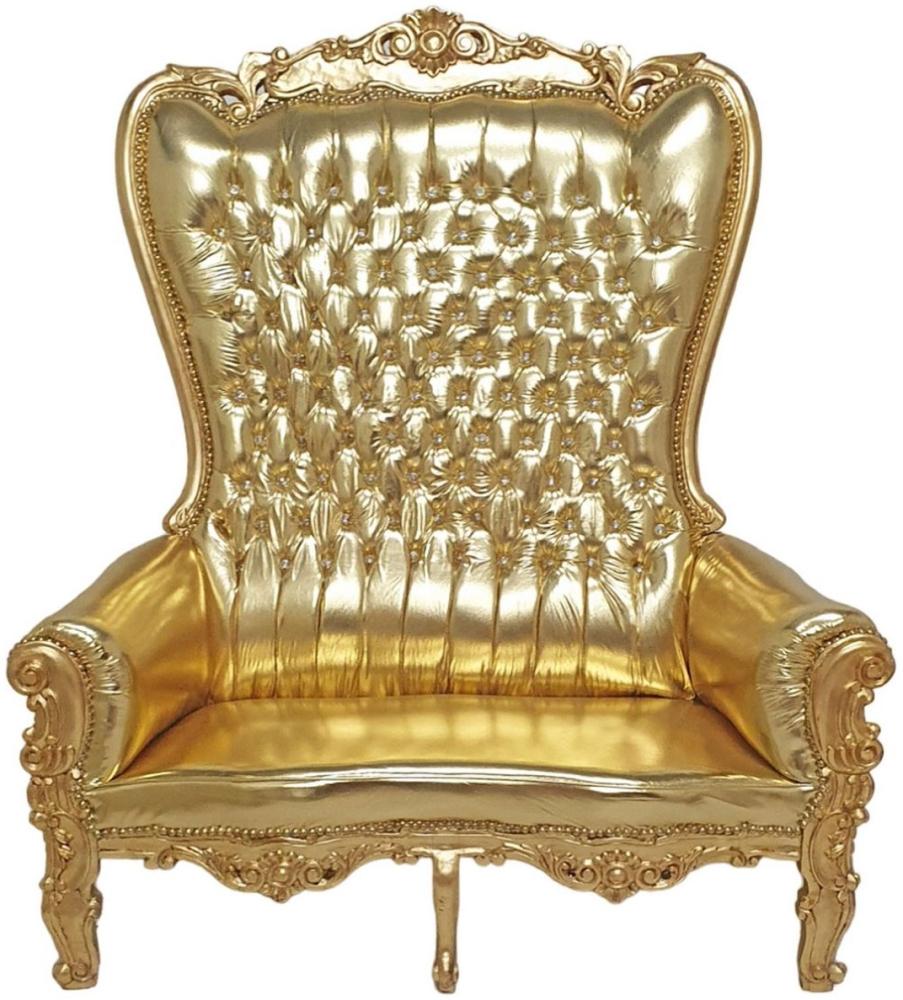 Casa Padrino Barock Hochlehn 2er Sofa Gold - Prunkvolles Barockstil Kunstleder Sofa mit Glitzersteinen - Wohnzimmer Möbel im Barockstil - Barock Möbel - Edel & Prunkvoll Bild 1