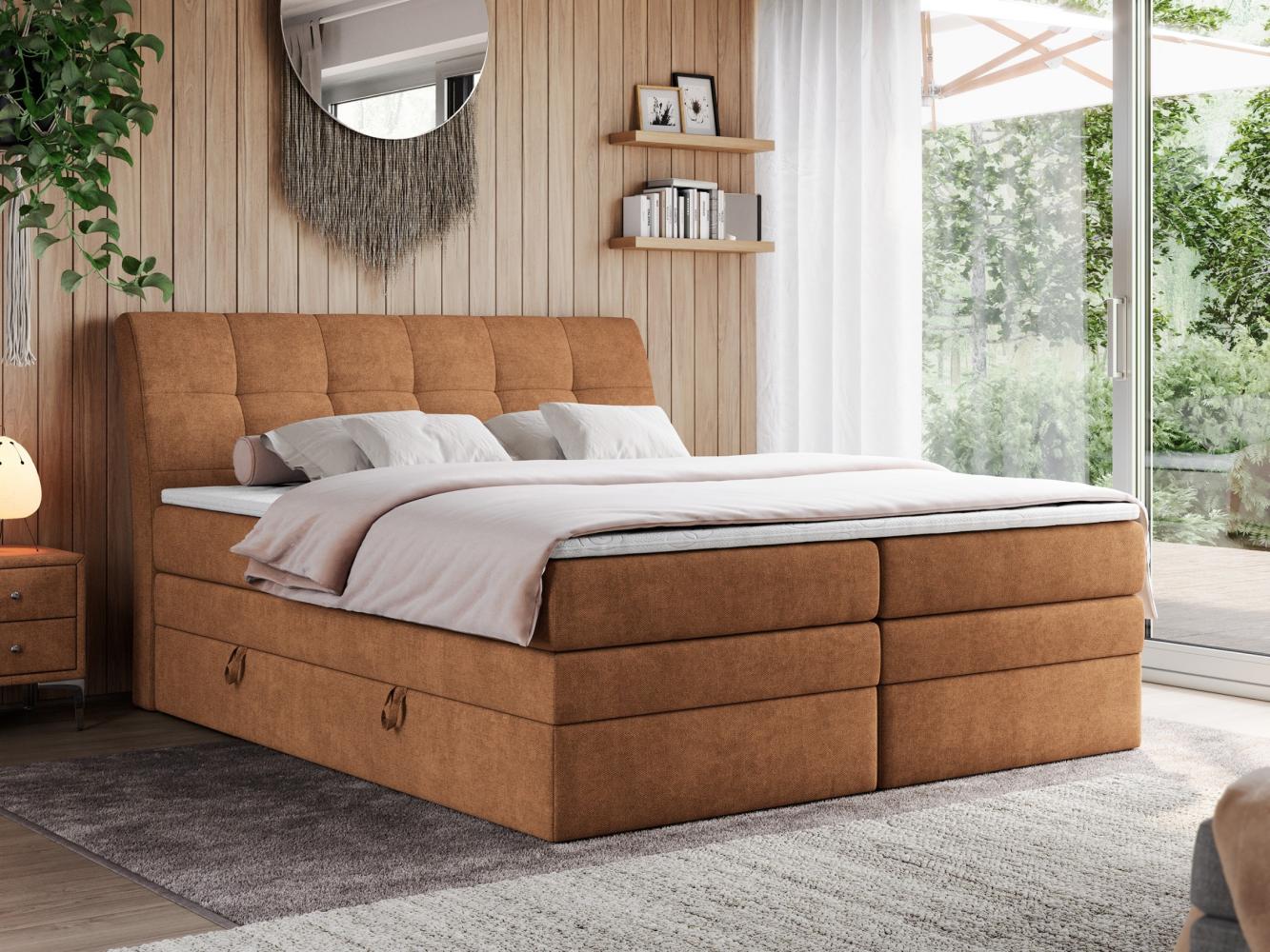 Boxspringbett, Stauraumbett, Bett mit Multipocket-Matratze und Topper - GOLD-10-KING - 160x200cm - Orange Stoff - H3 Bild 1