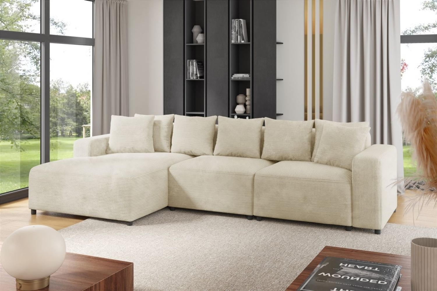 Ecksofa Designersofa Sofa MEGAN in Stoff Poso Creme Ottomane Links Bild 1
