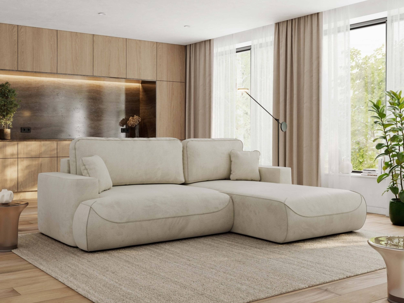 Ecksofa OVO mit schlaffunktion und bettkasten, Wellenfeder, lose Kissen, L-form 271x195 cm - Beige Velvet - rechte Seite Bild 1