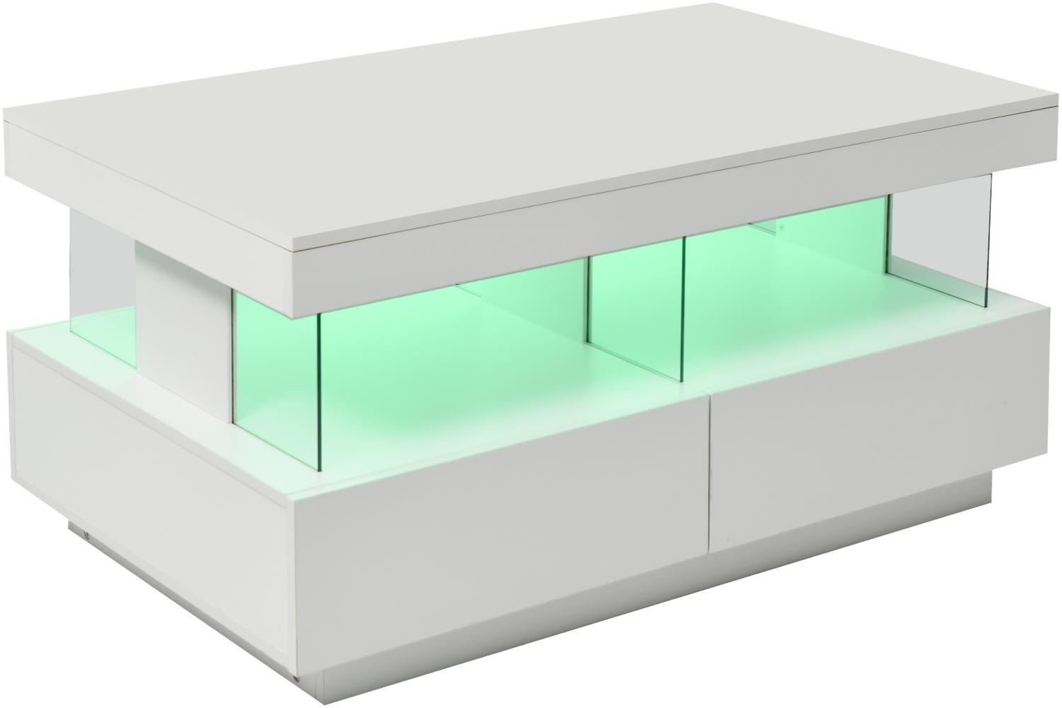 Merax Couchtisch mit LED-Beleuchtung und hochglänzender Tischplatte, Beistelltisch mit 2 Schubladen, Wohnzimmertisch mit Acyrltrennwände, Weiß Bild 1