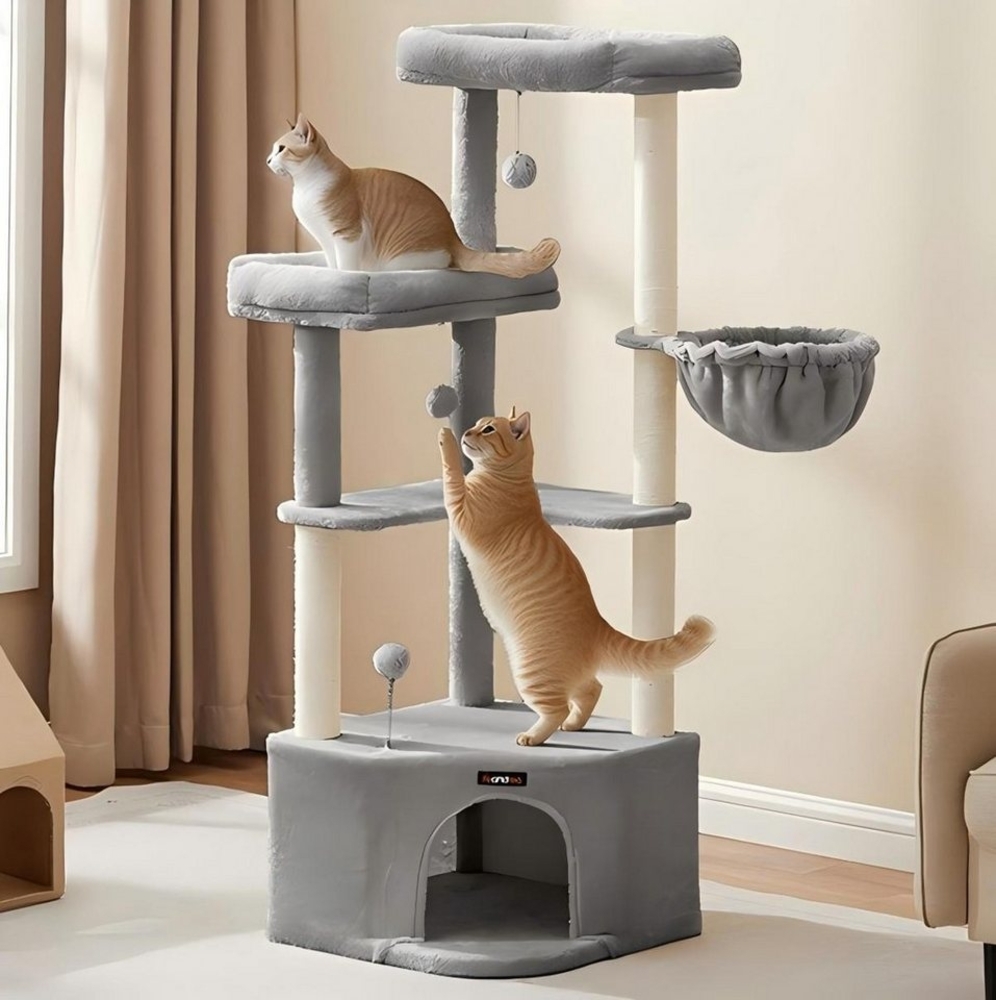 Feandrea Kratzbaum, Katzenbaum, 48,5 x 48,5 x 140,7 cm, Katzenkratzbaum mit großer Kuschelhöhle, großen Plattformen, Plüschbällen, Liegemulde, Taubengrau Bild 1